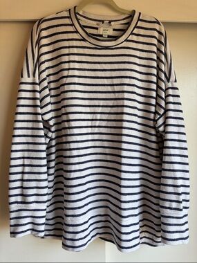 Arie XL Striped Long-Sleeve Crewneck Shirt Tunic with side slits - White & Navy